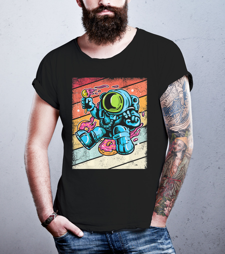 Astronaut Enjoying Ice Cream And Donuts In Retro Space Suit On Colorful T-Shirt