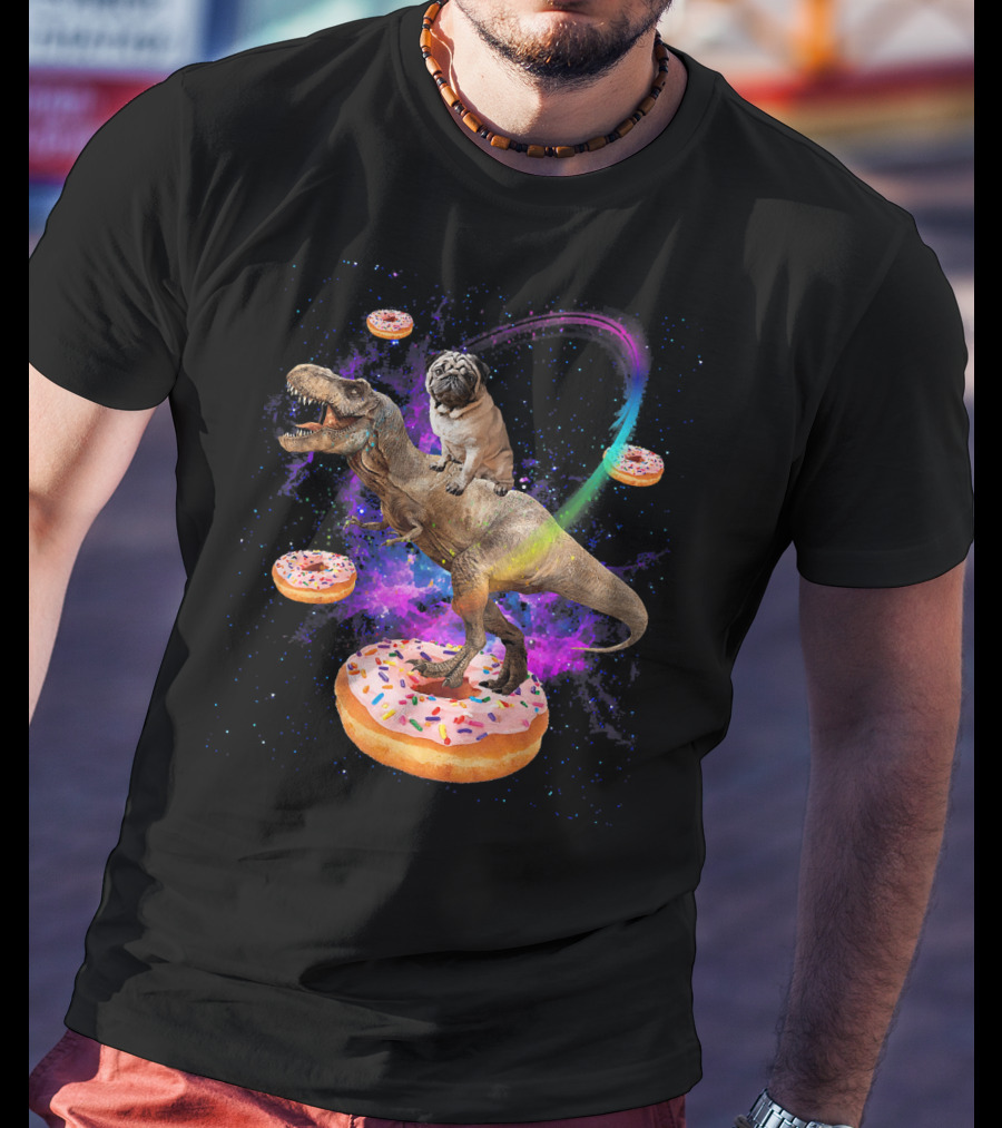 Space Pug Riding Dinosaur T-Rex With Donuts And Galactic Background T-Shirt