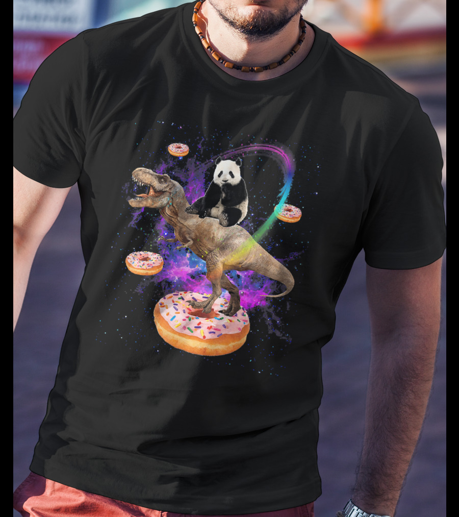 Space Panda Riding T-Rex On Sprinkled Donuts In Galaxy T-Shirt