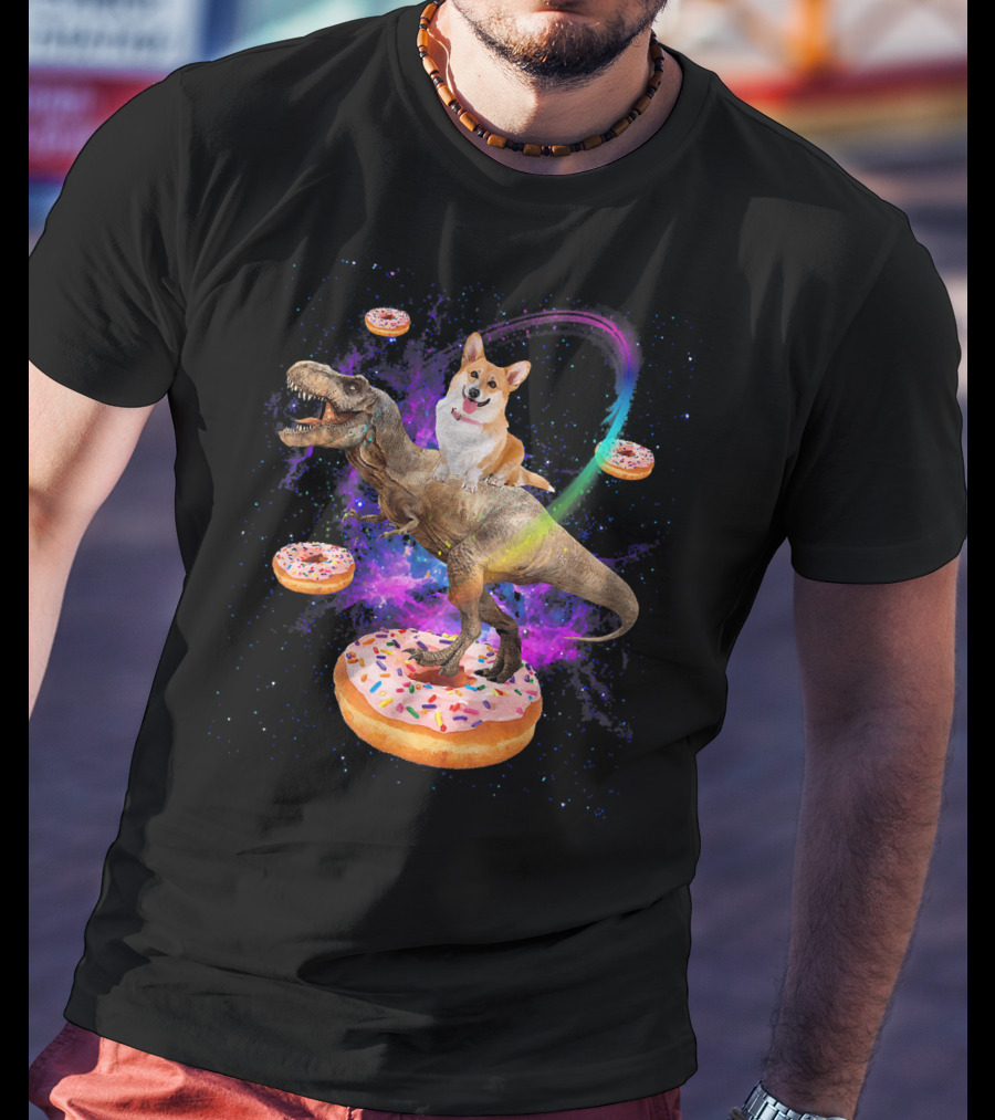 Space Corgi Riding Dinosaur Rex With Floating Donuts In Galaxy T-Shirt