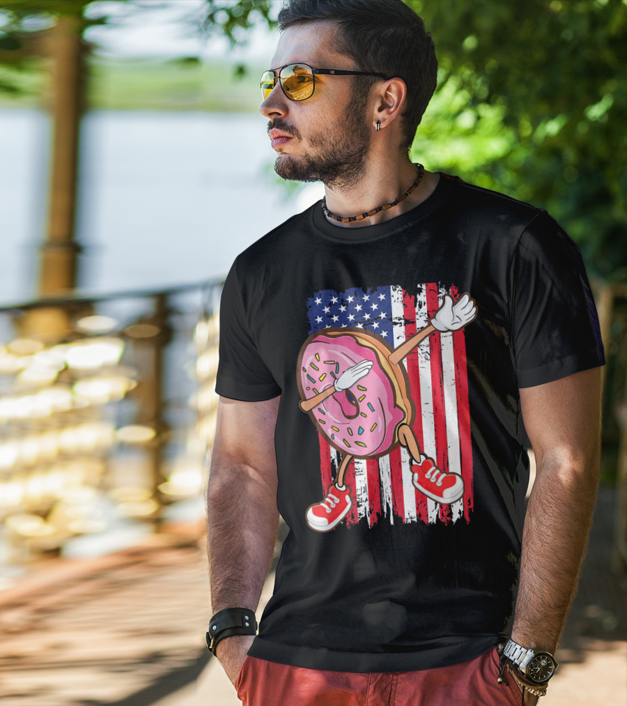 Dabbing American USA Strawberry Frosted Donut On Flag Background T-Shirt