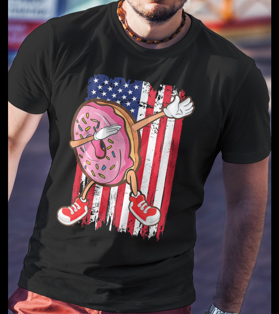 Dabbing American USA Strawberry Frosted Donut On Flag Background T-Shirt