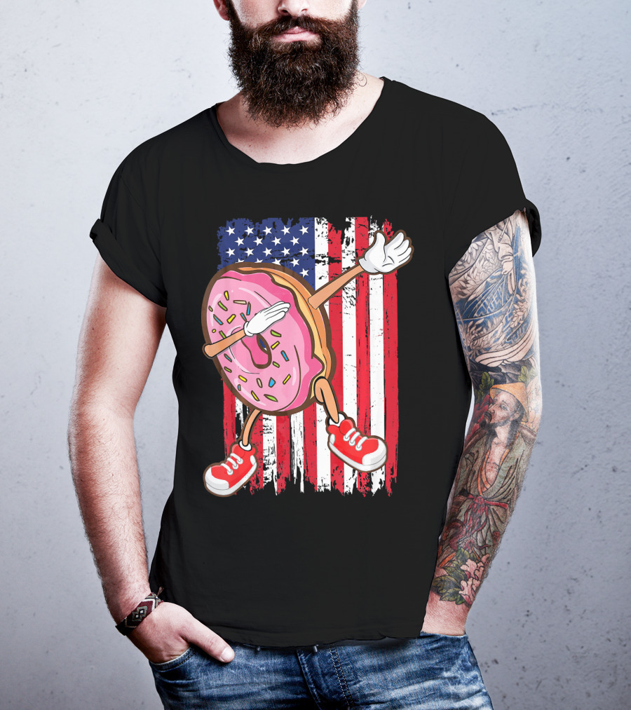 Dabbing American USA Strawberry Frosted Donut On Flag Background T-Shirt