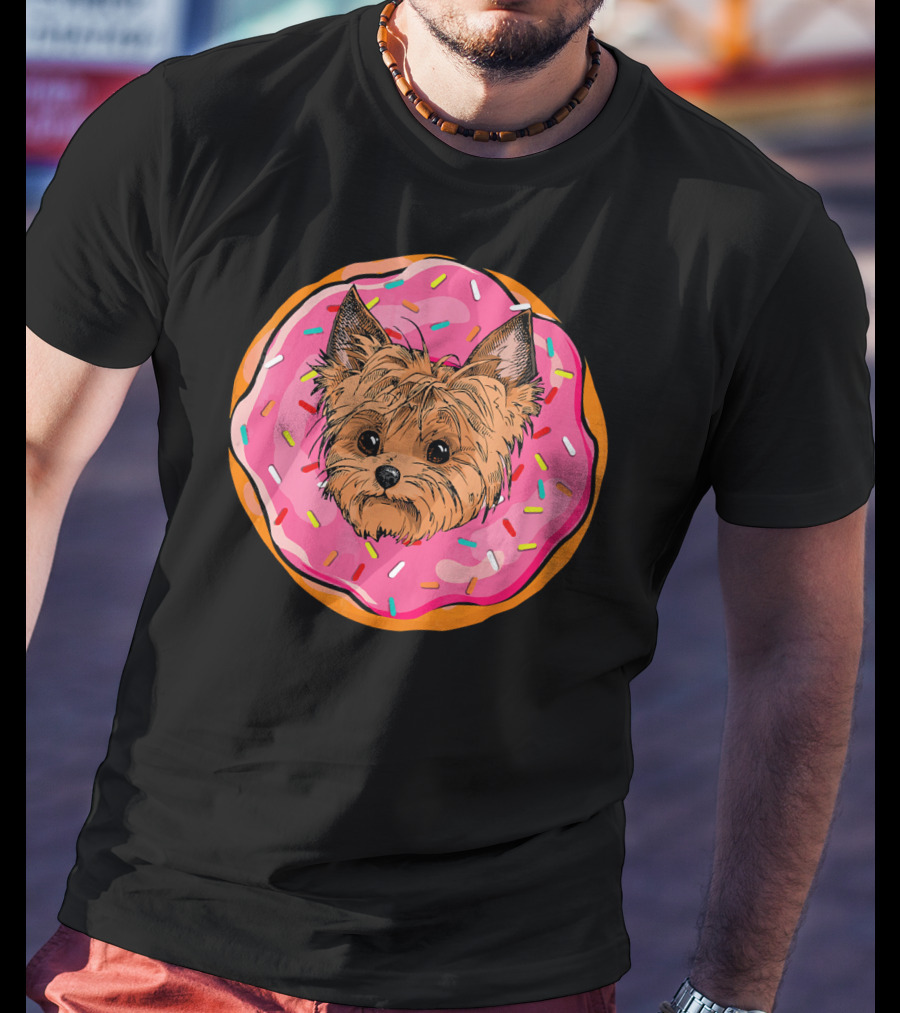 Funny Donut Dog Face Yorkie Yorkie Donut Sprinkles T-Shirt