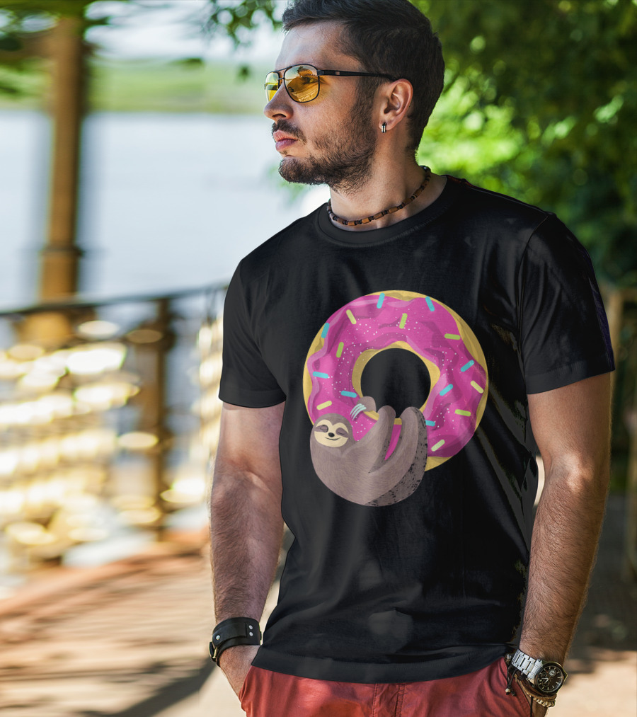Sloth Hugging Pink Sprinkled Donut T-Shirt