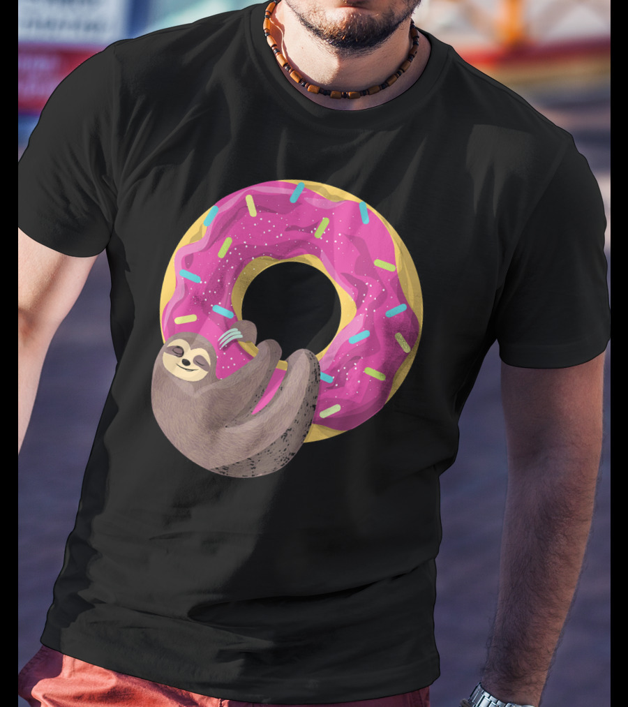 Sloth Hugging Pink Sprinkled Donut T-Shirt