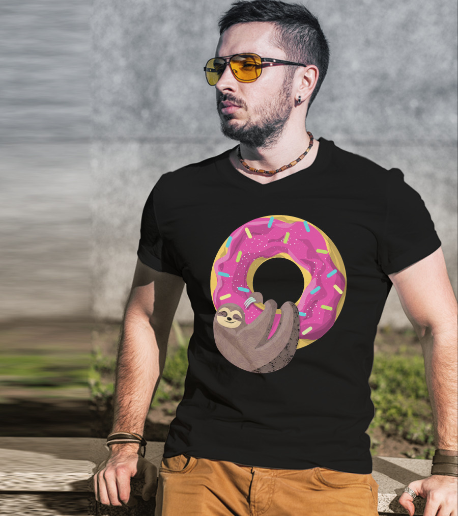 Sloth Hugging Pink Sprinkled Donut T-Shirt