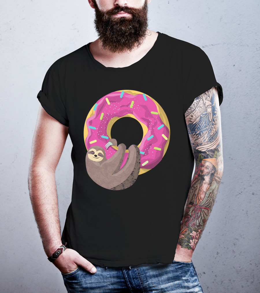 Sloth Hugging Pink Sprinkled Donut T-Shirt