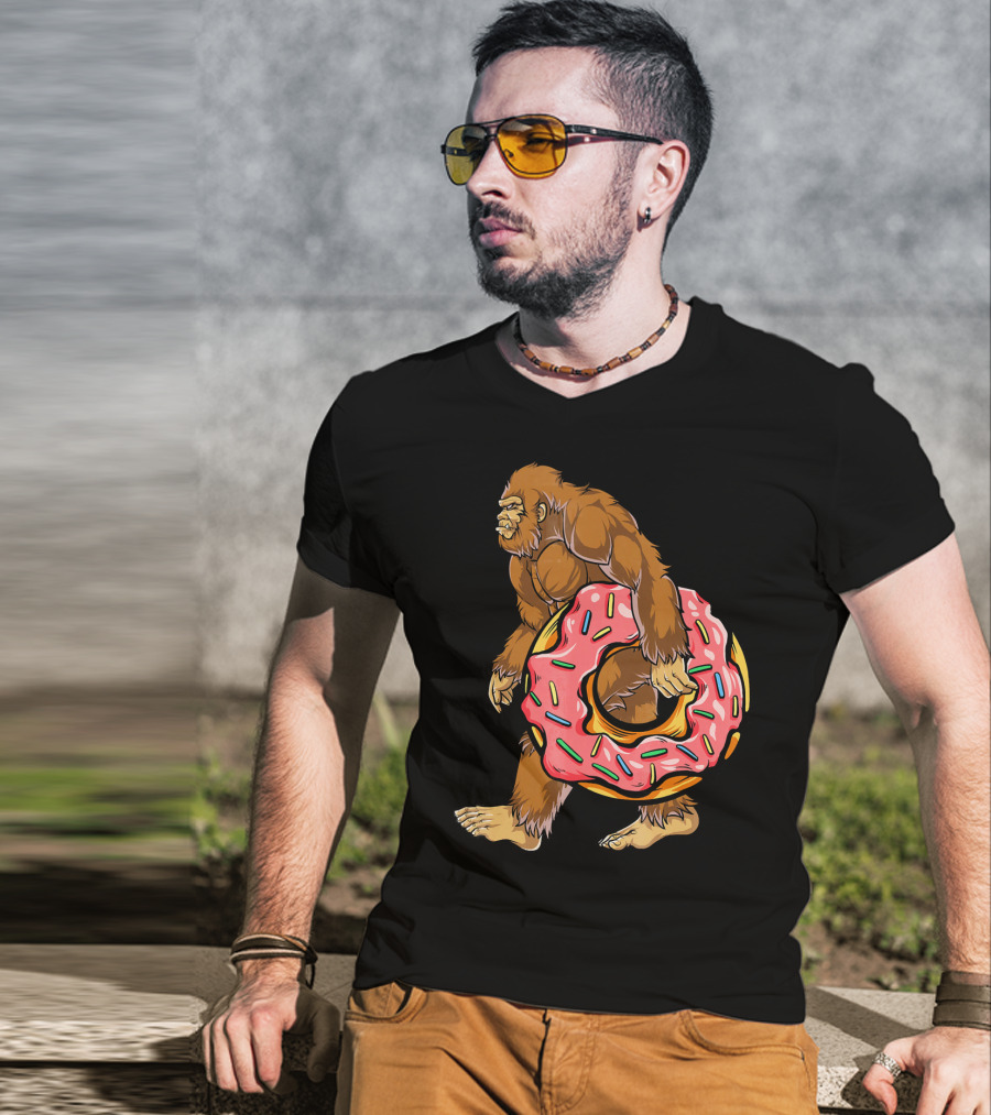 Bigfoot Sasquatch Holding Sprinkled Donut T-Shirt