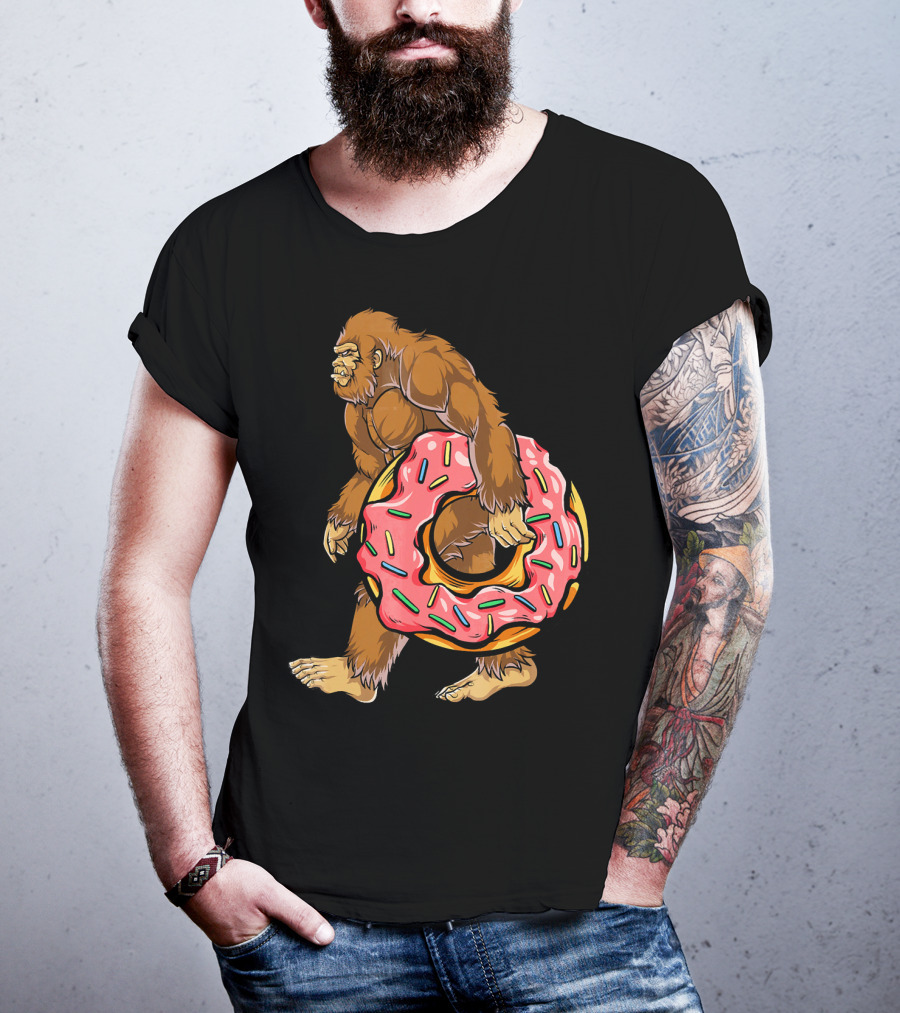 Bigfoot Sasquatch Holding Sprinkled Donut T-Shirt