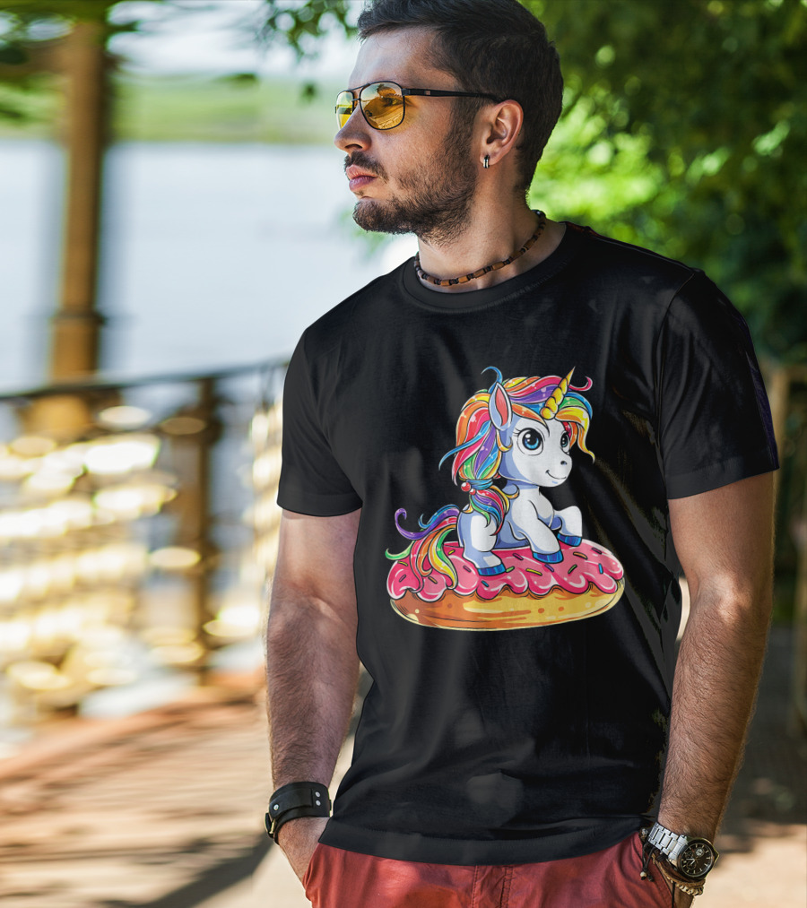 Rainbow Unicorn Sitting On Donut Girls Kids T-Shirt