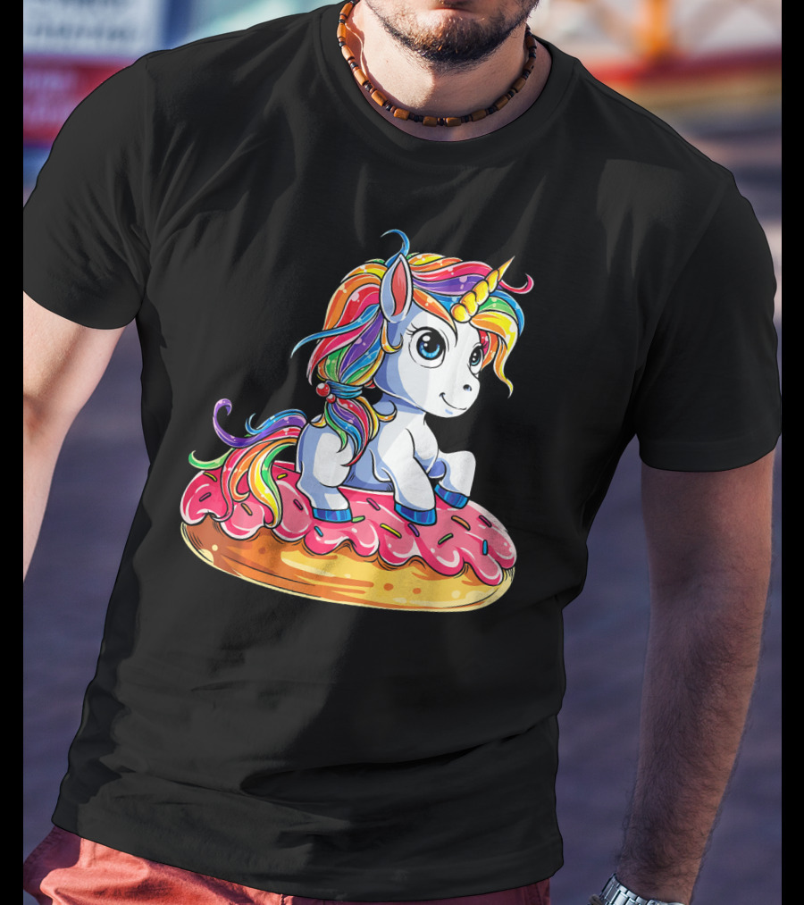Rainbow Unicorn Sitting On Donut Girls Kids T-Shirt