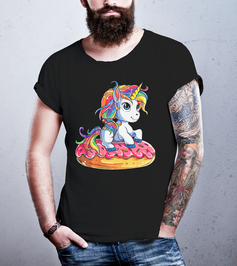 Rainbow Unicorn Sitting On Donut Girls Kids T-Shirt