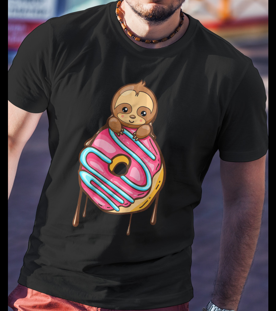 Cute Sloth And Pink Frosted Donut Lover T-Shirt