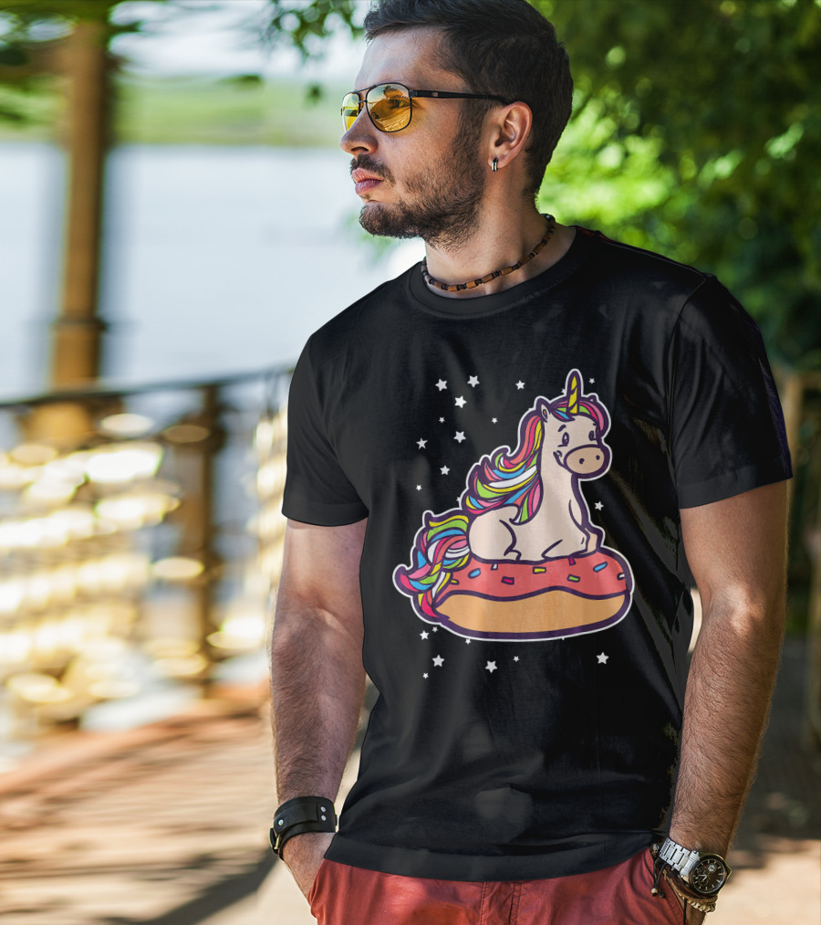 Rainbown Pastel Colors Unicorn Donut Fun With Stars T-Shirt