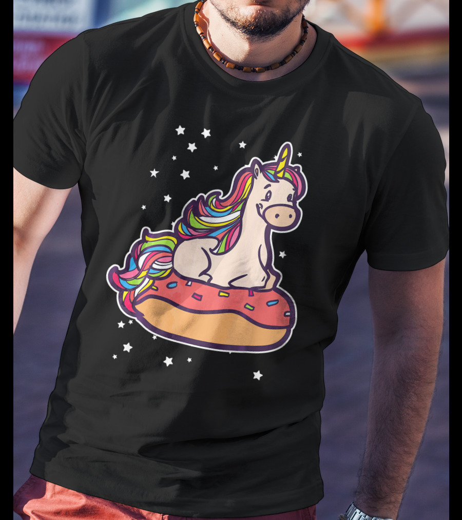 Rainbown Pastel Colors Unicorn Donut Fun With Stars T-Shirt