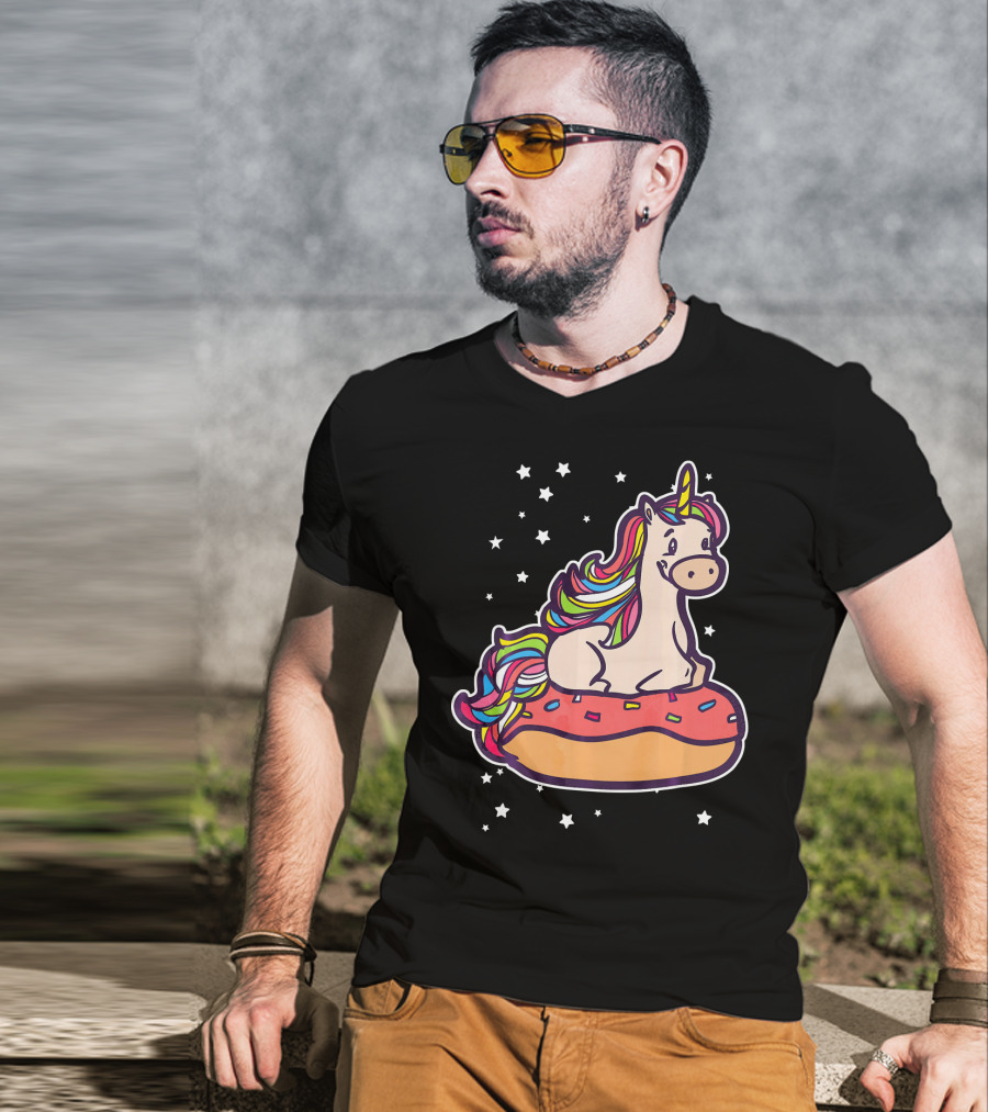 Rainbown Pastel Colors Unicorn Donut Fun With Stars T-Shirt