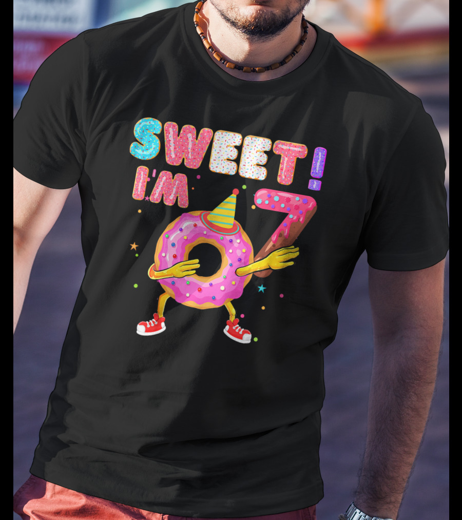 Sweet I'm 7 Birthday Donut Party Hat Fun T-Shirt