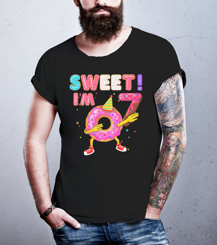 Sweet I'm 7 Birthday Donut Party Hat Fun T-Shirt