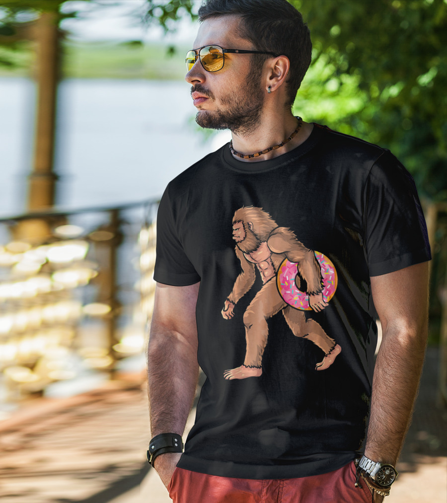 Bigfoot With Sprinkled Doughnut Walking Image T-Shirt