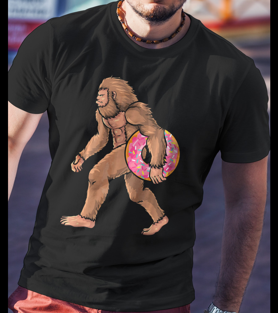 Bigfoot With Sprinkled Doughnut Walking Image T-Shirt