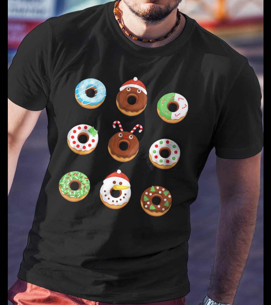 Christmas Donut Snowflakes Santa Candy Canes Holly Wreath Trees Snowman T-Shirt
