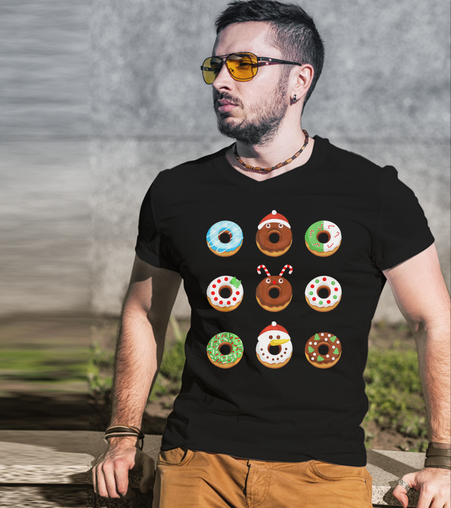 Christmas Donut Snowflakes Santa Candy Canes Holly Wreath Trees Snowman T-Shirt