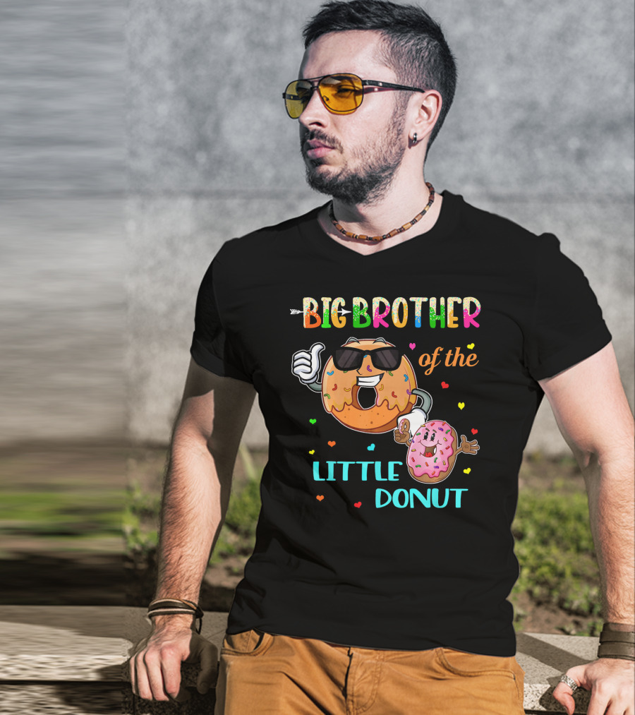 Big Brother Of The Little Donut With Colorful Hearts And Cartoon Characters T-Shirt