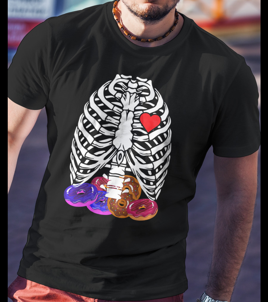 Funny Halloween Rib Cage Skeleton With Heart And Colorful Donuts T-Shirt