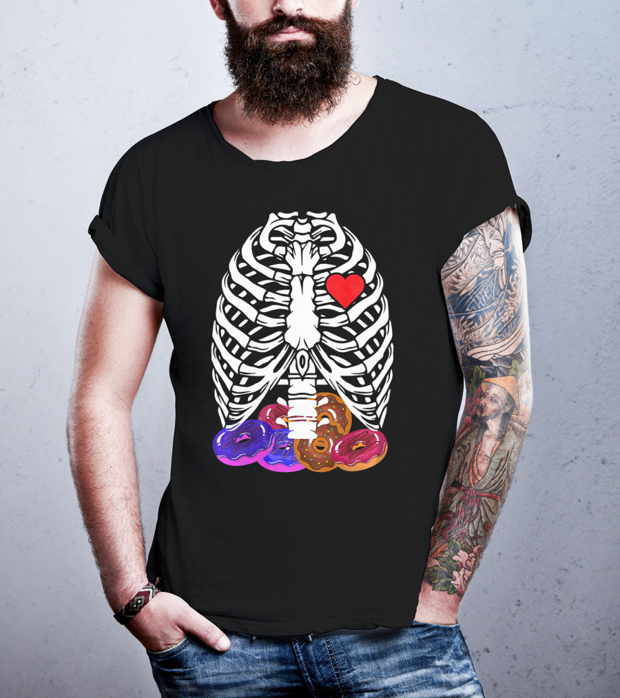 Funny Halloween Rib Cage Skeleton With Heart And Colorful Donuts T-Shirt