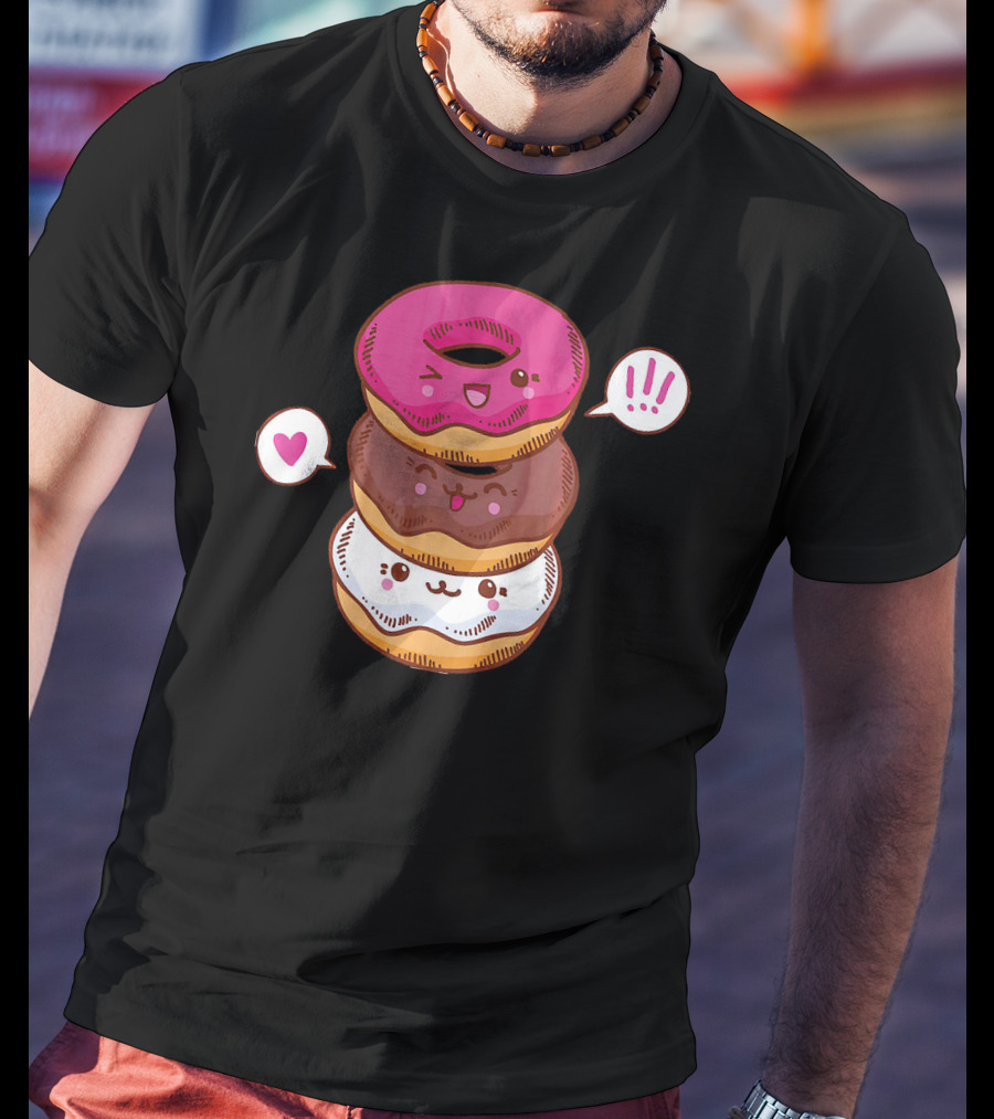 Kawaii Cheerleading Donut Stack With Cute Expressions And Heart Speech Bubbles T-Shirt