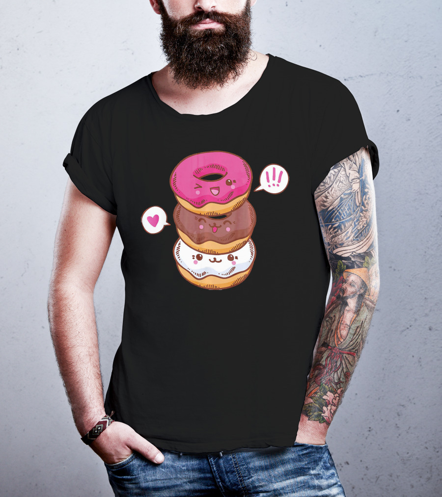 Kawaii Cheerleading Donut Stack With Cute Expressions And Heart Speech Bubbles T-Shirt