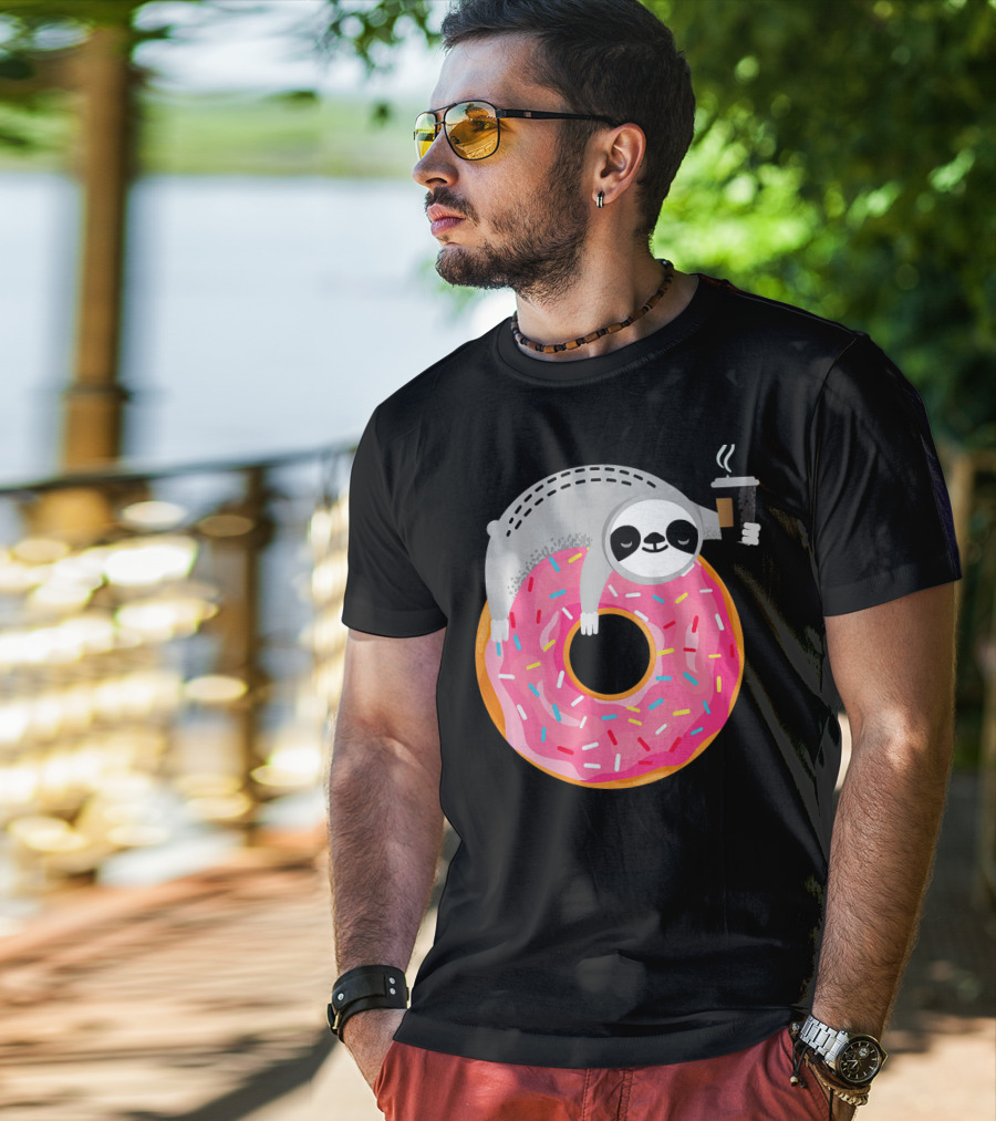 Sloth Relaxing On Sprinkled Donut Holding Steaming Coffee Cup T-Shirt