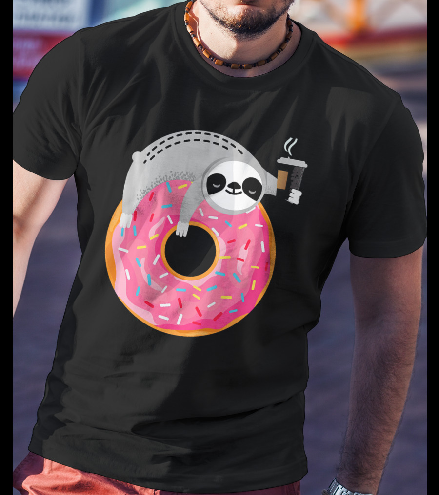 Sloth Relaxing On Sprinkled Donut Holding Steaming Coffee Cup T-Shirt