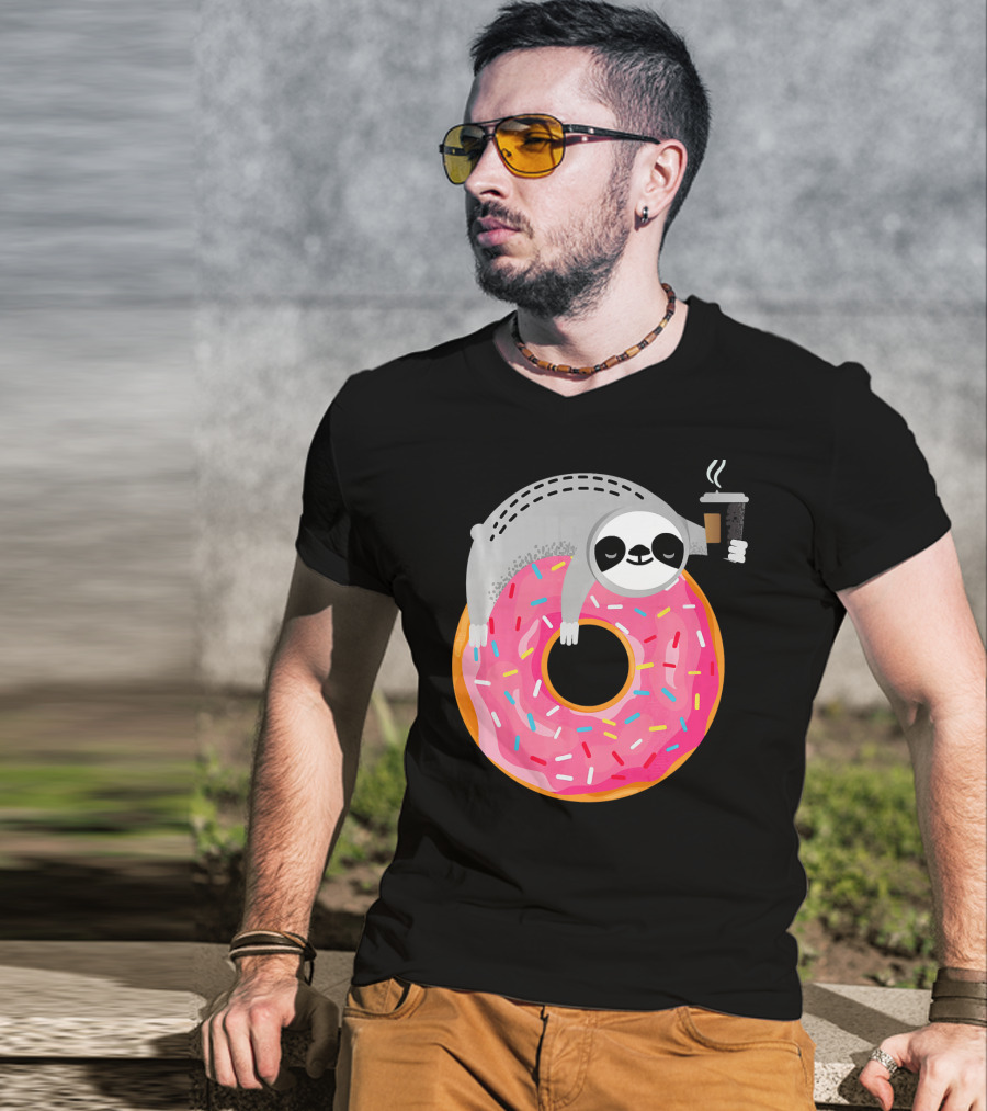Sloth Relaxing On Sprinkled Donut Holding Steaming Coffee Cup T-Shirt