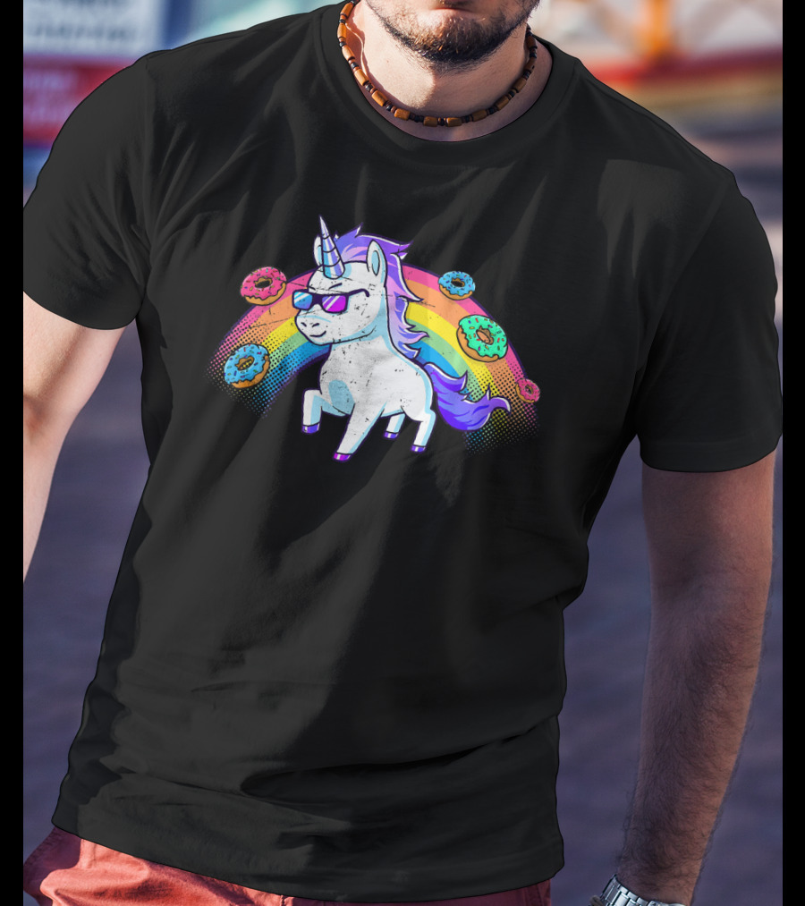 Donut Unicorn In Sunglasses With Rainbow T-Shirt