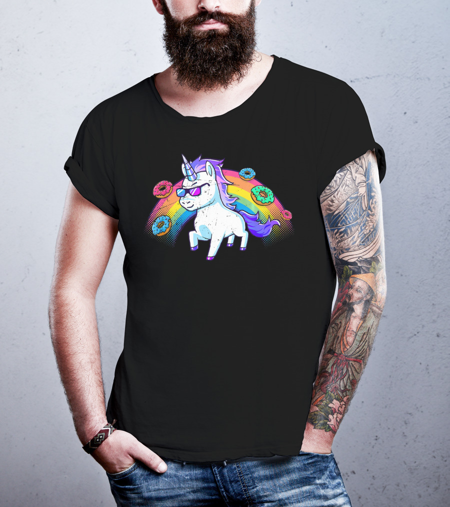 Donut Unicorn In Sunglasses With Rainbow T-Shirt