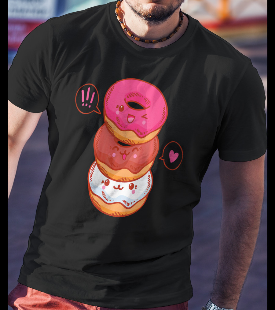 Kawaii Donuts Stack With Cute Faces And Heart T-Shirt