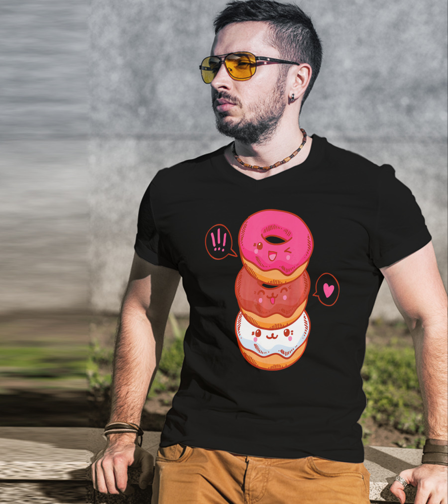 Kawaii Donuts Stack With Cute Faces And Heart T-Shirt