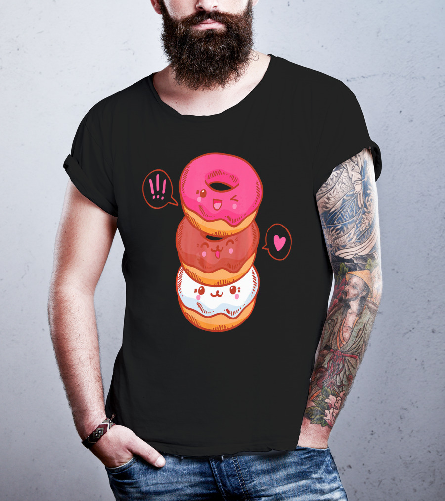 Kawaii Donuts Stack With Cute Faces And Heart T-Shirt
