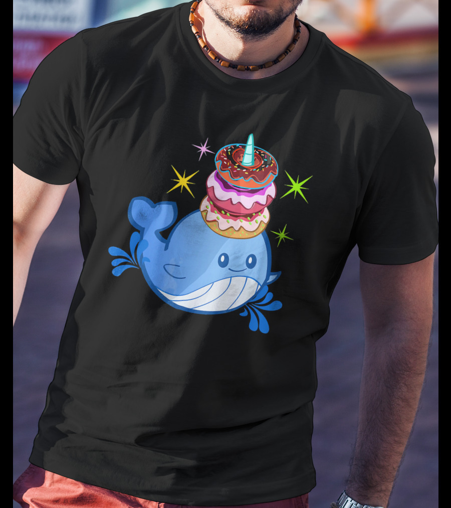 Cute Narwhal Balancing Colorful Donuts T-Shirt