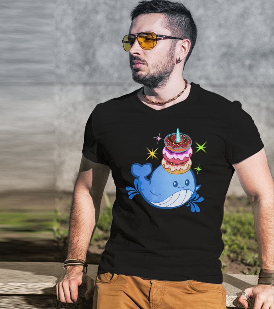 Cute Narwhal Balancing Colorful Donuts T-Shirt