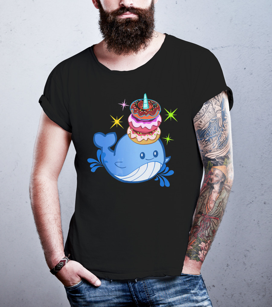 Cute Narwhal Balancing Colorful Donuts T-Shirt