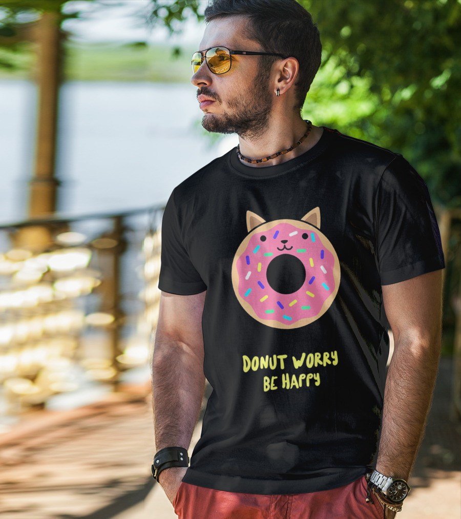Kawaii Japanese Anime Pink Sprinkle Cat Donut Worry Be Happy T-Shirt