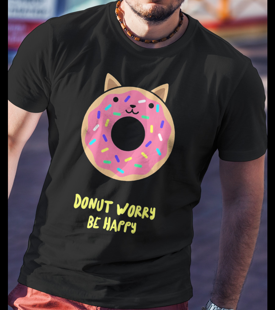 Kawaii Japanese Anime Pink Sprinkle Cat Donut Worry Be Happy T-Shirt