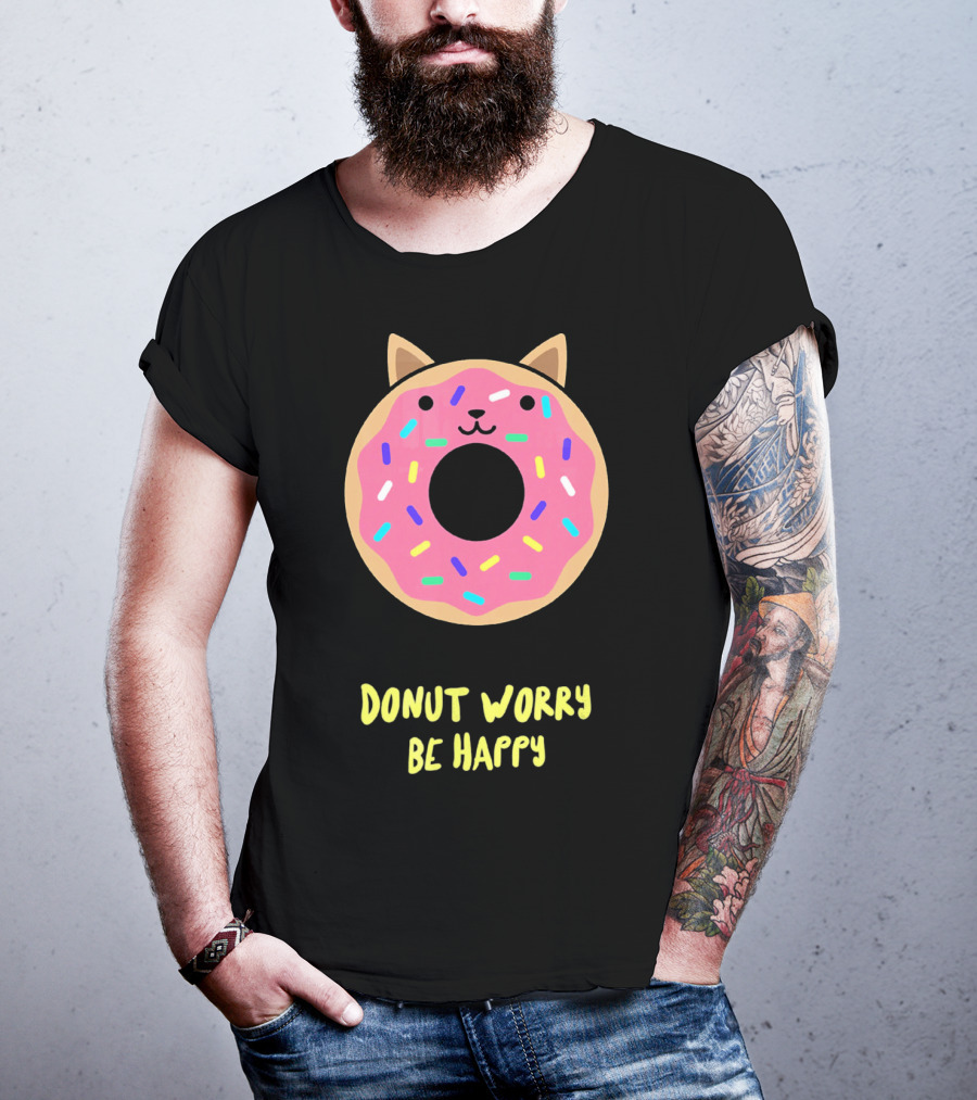 Kawaii Japanese Anime Pink Sprinkle Cat Donut Worry Be Happy T-Shirt