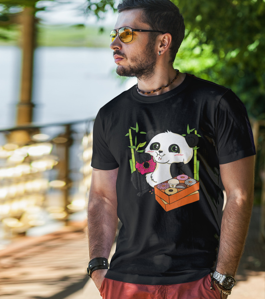 Panda Enjoying Box Of Colorful Donuts With Bamboo Background T-Shirt