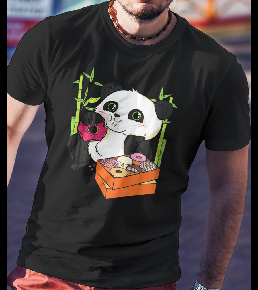 Panda Enjoying Box Of Colorful Donuts With Bamboo Background T-Shirt