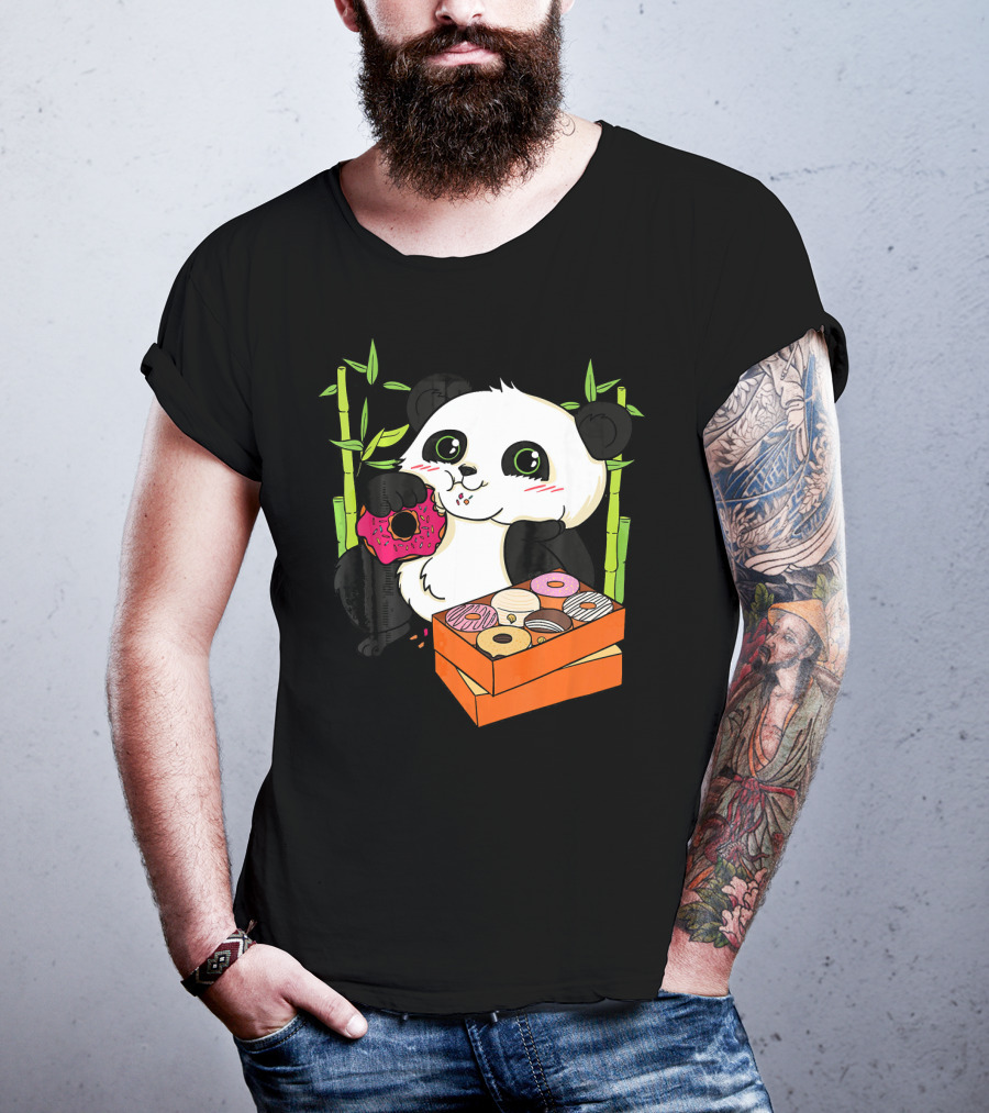 Panda Enjoying Box Of Colorful Donuts With Bamboo Background T-Shirt