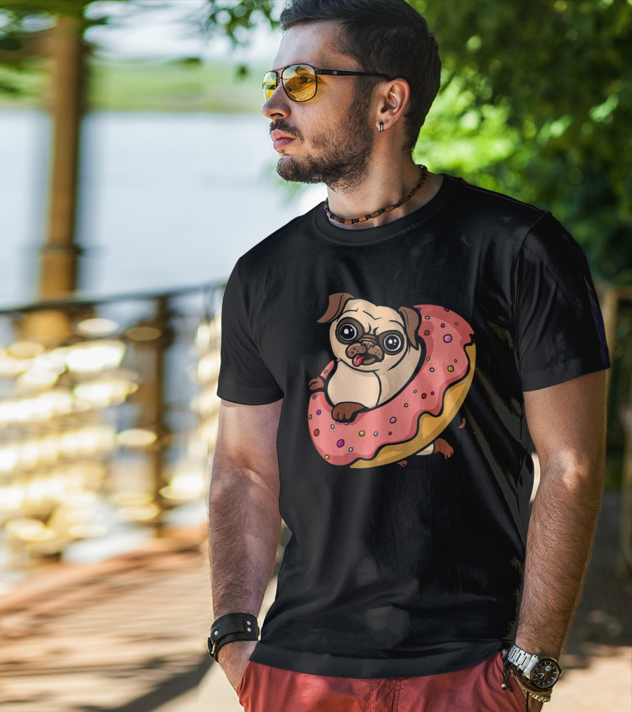 Pug Dog With Pink Frosted Donut Lover T-Shirt
